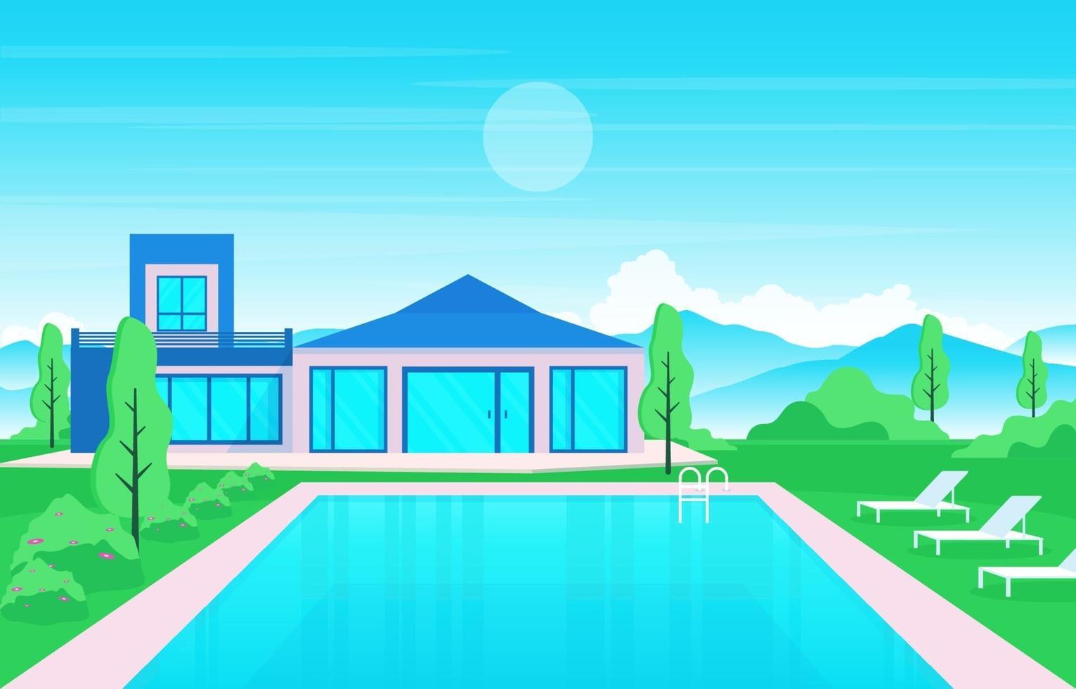 Modern House Villa Exterior with Swimming Pool at Backyard Illustration vector