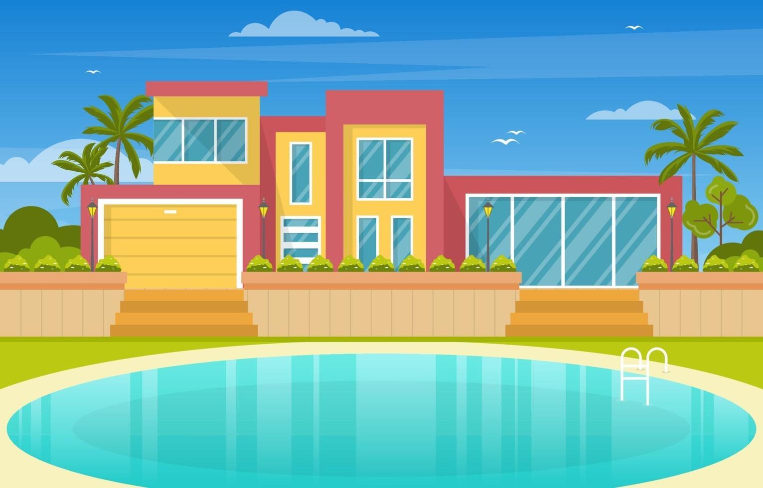 Modern House Villa Exterior with Swimming Pool at Backyard Illustration vector