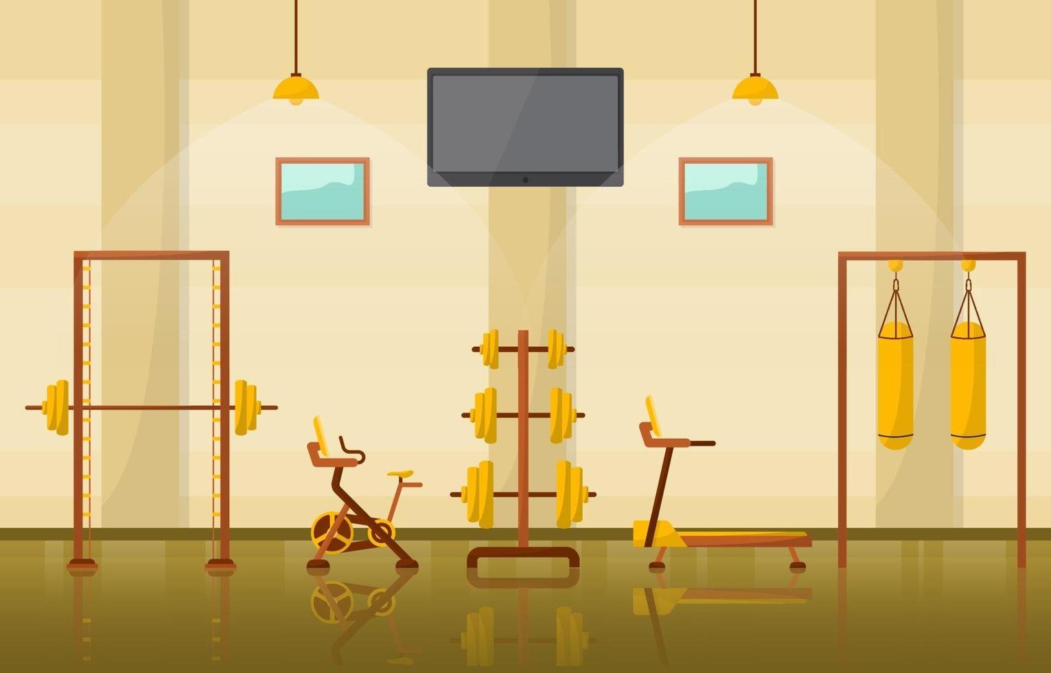 Fitness Gym Interior with Bodybuilding Equipment Vector Illustration