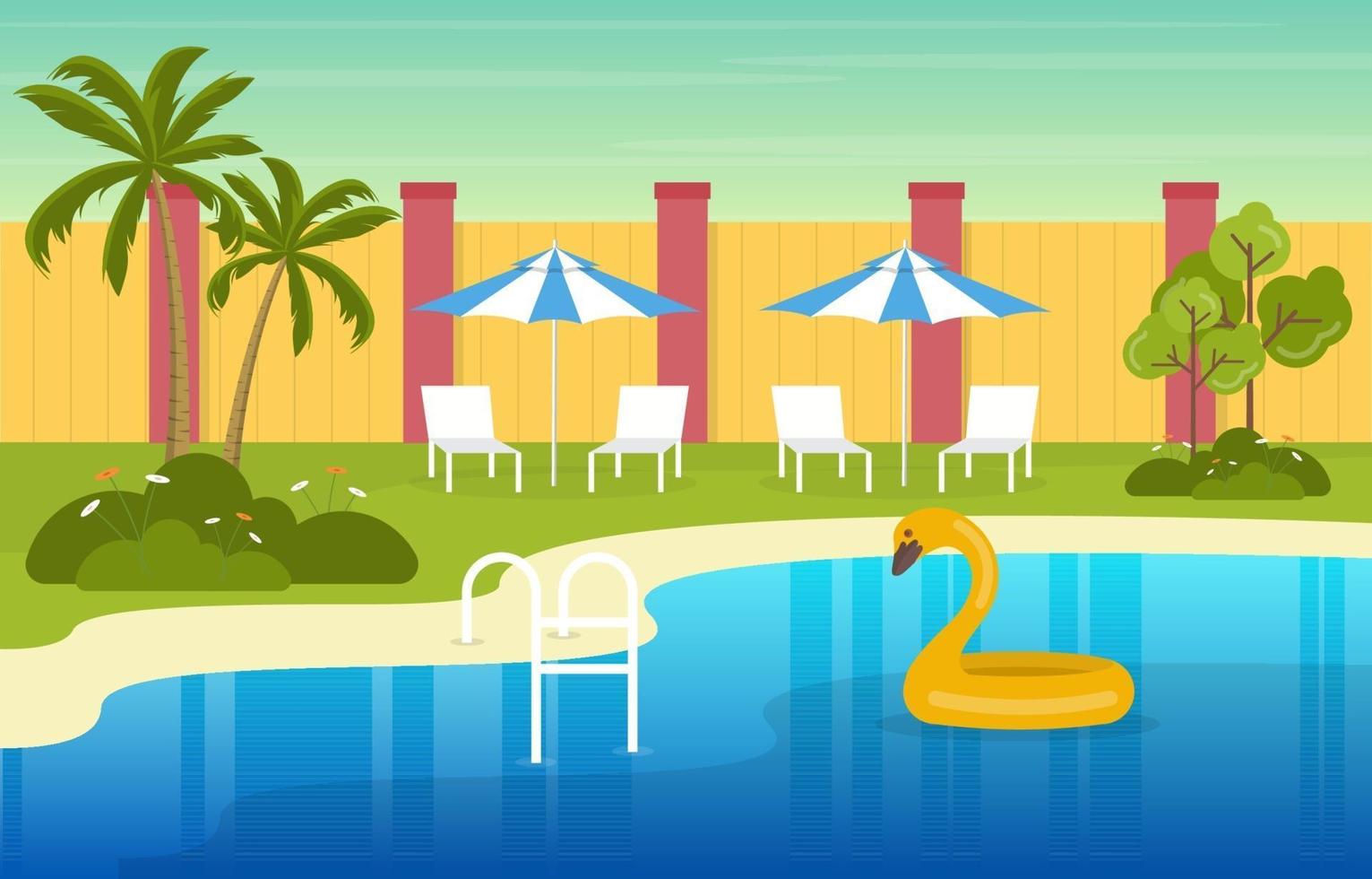 Modern House Villa Exterior with Swimming Pool at Backyard Illustration vector