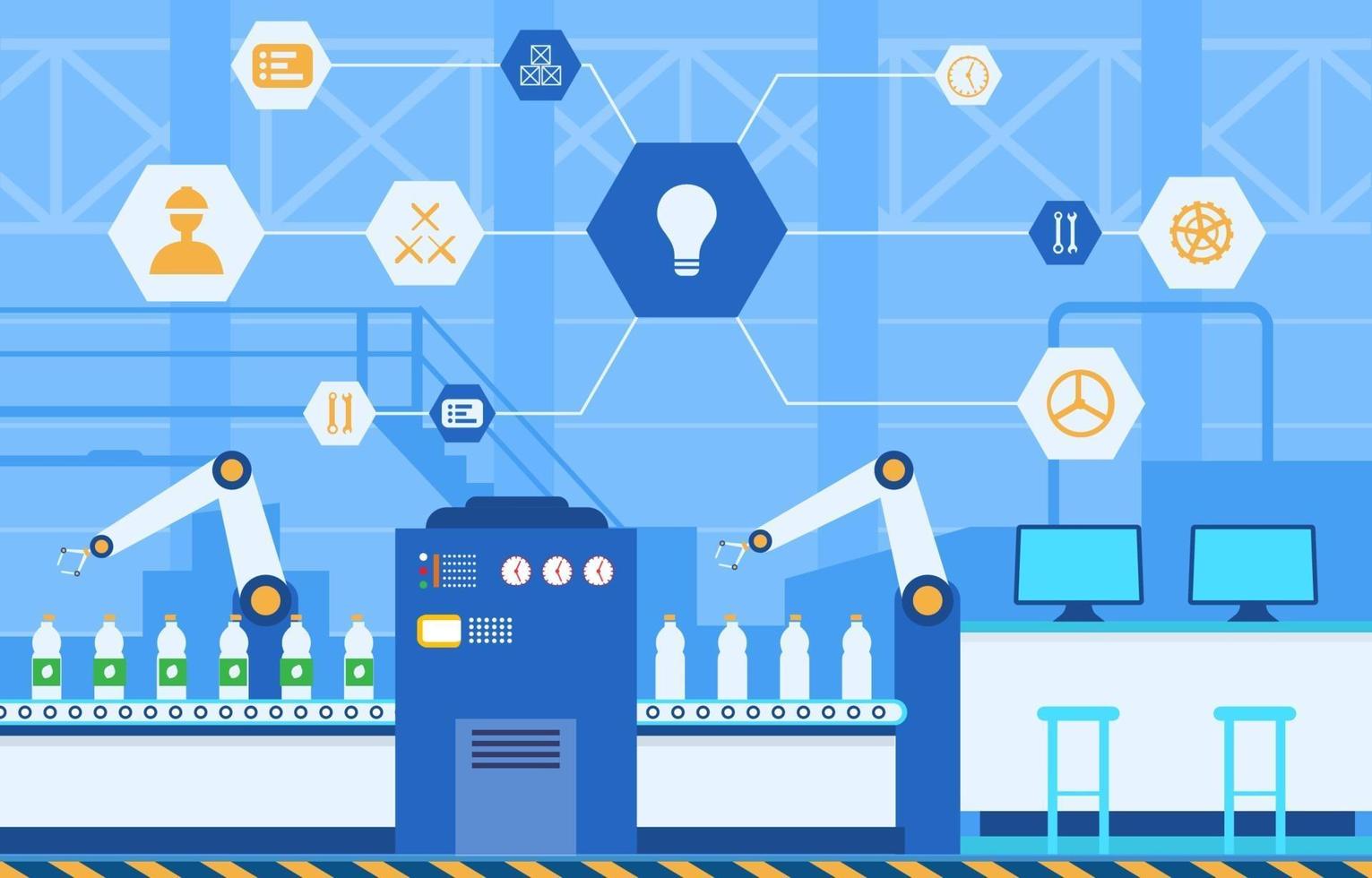 Industrial Factory Conveyor Belt and Robotic Assembly Illustration vector