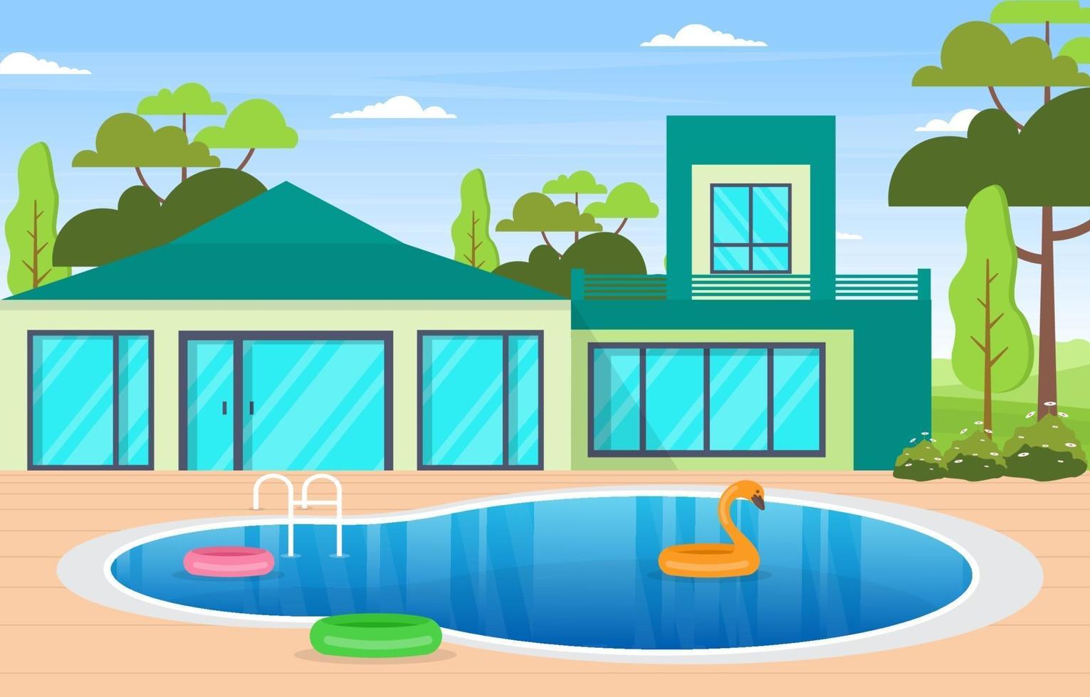 Modern House Villa Exterior with Swimming Pool at Backyard Illustration vector