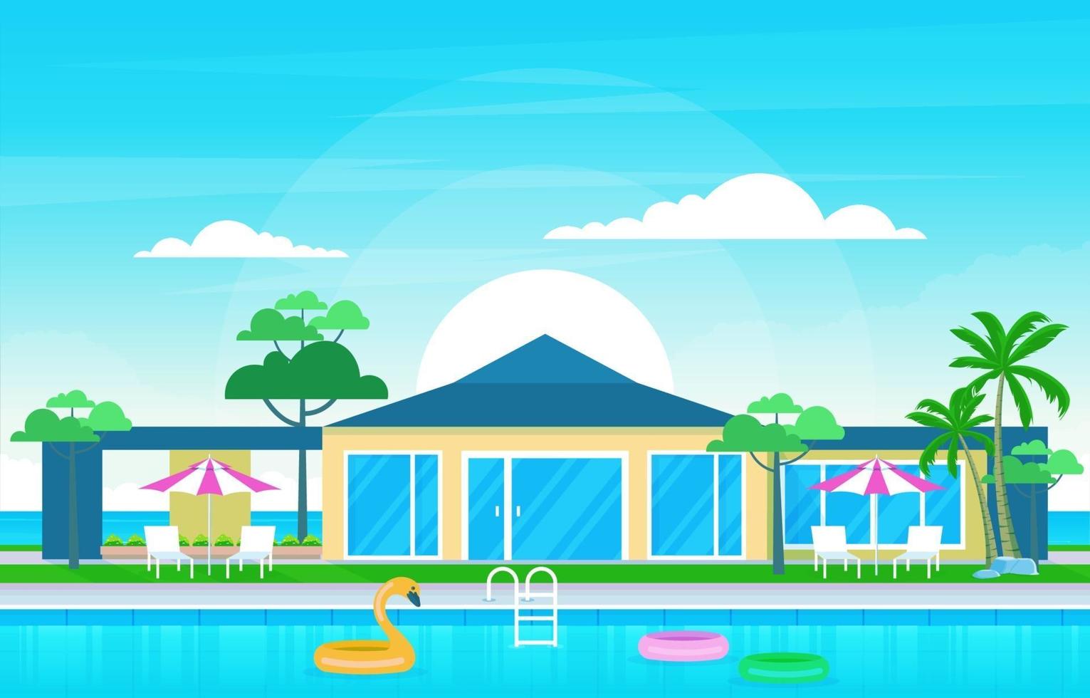 Modern House Villa Exterior with Swimming Pool at Backyard Illustration vector