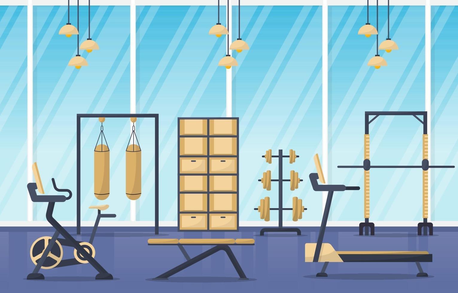 Fitness Gym Interior with Bodybuilding Equipment Vector Illustration