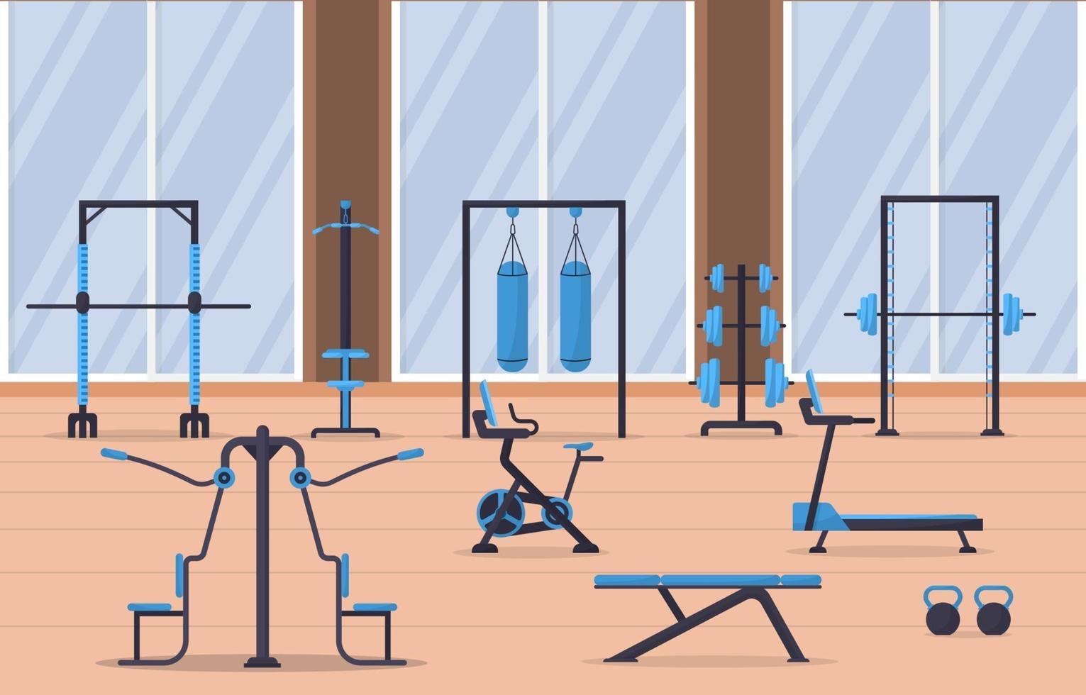 Interior de gimnasio con ilustración de vector de equipo de culturismo