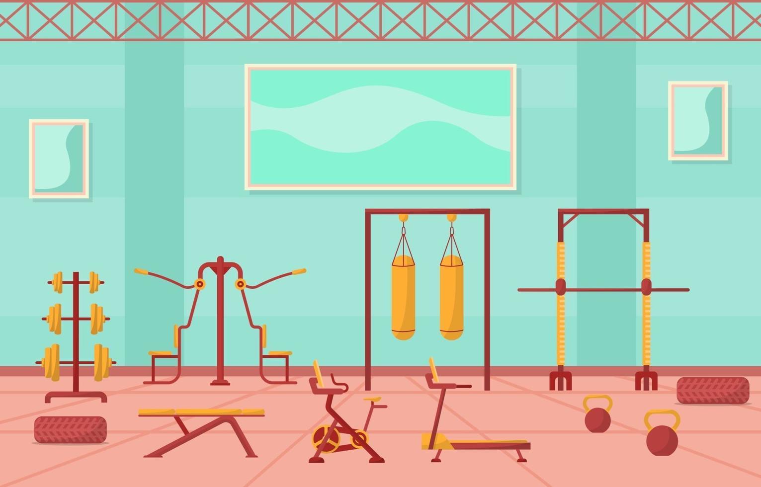 Interior de gimnasio con ilustración de vector de equipo de culturismo