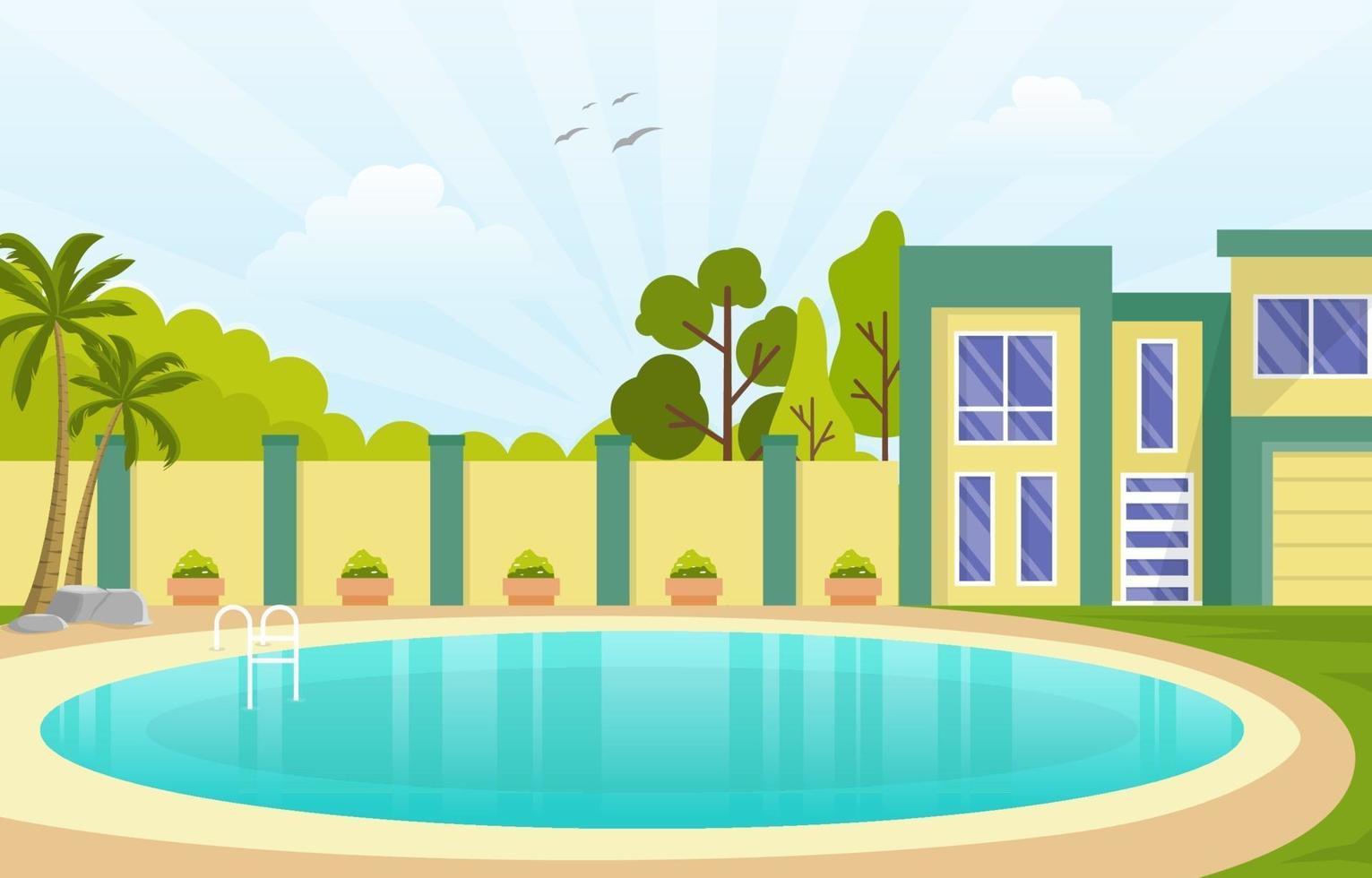 Modern House Villa Exterior with Swimming Pool at Backyard Illustration vector