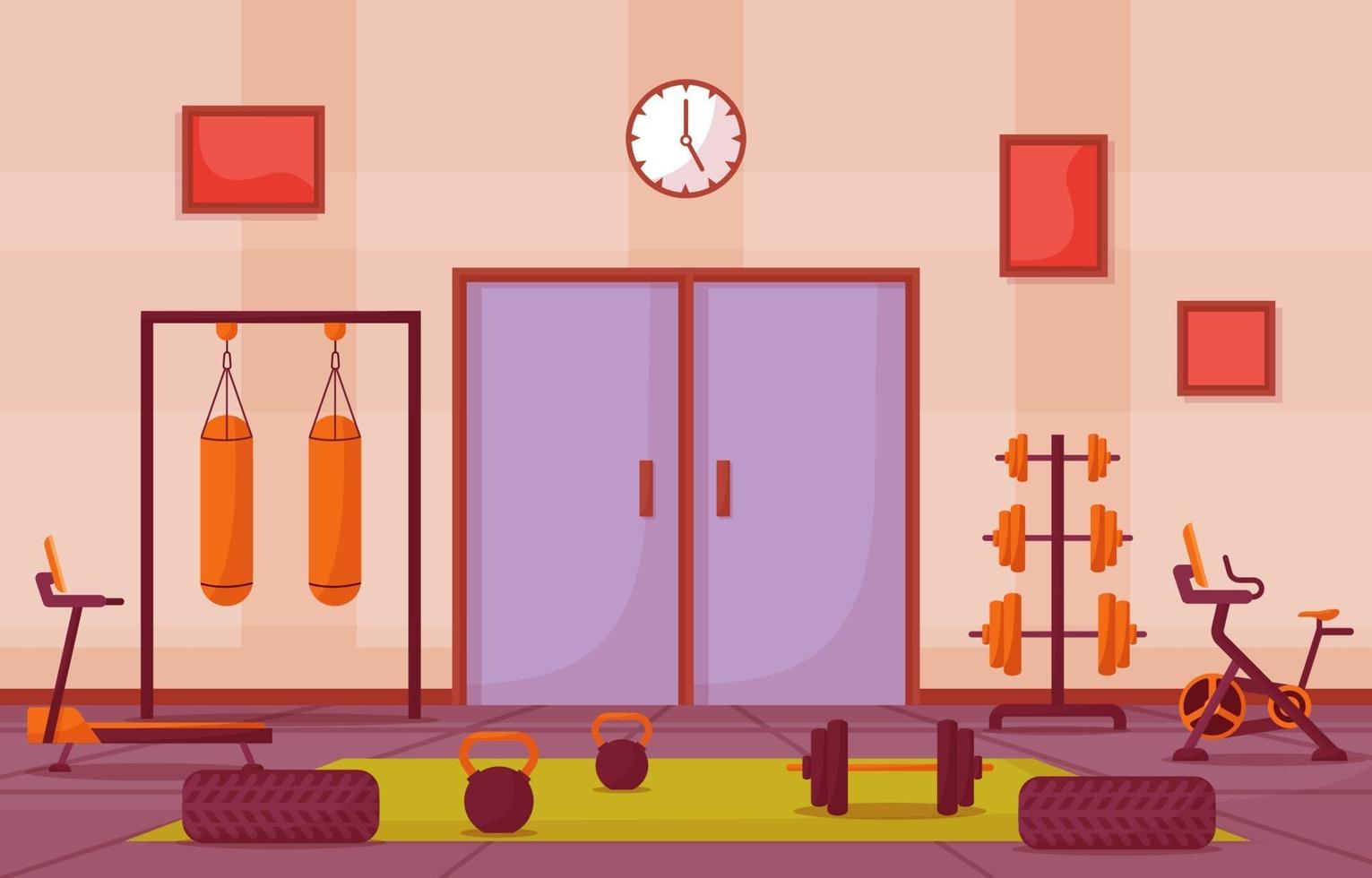 Fitness Gym Interior with Bodybuilding Equipment Vector Illustration