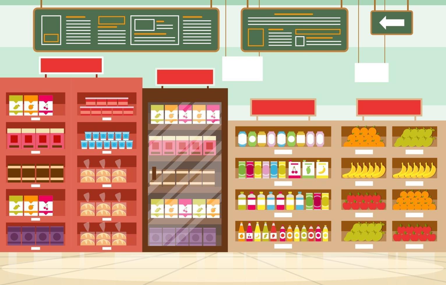 supermercado tienda de comestibles interior ilustración plana vector