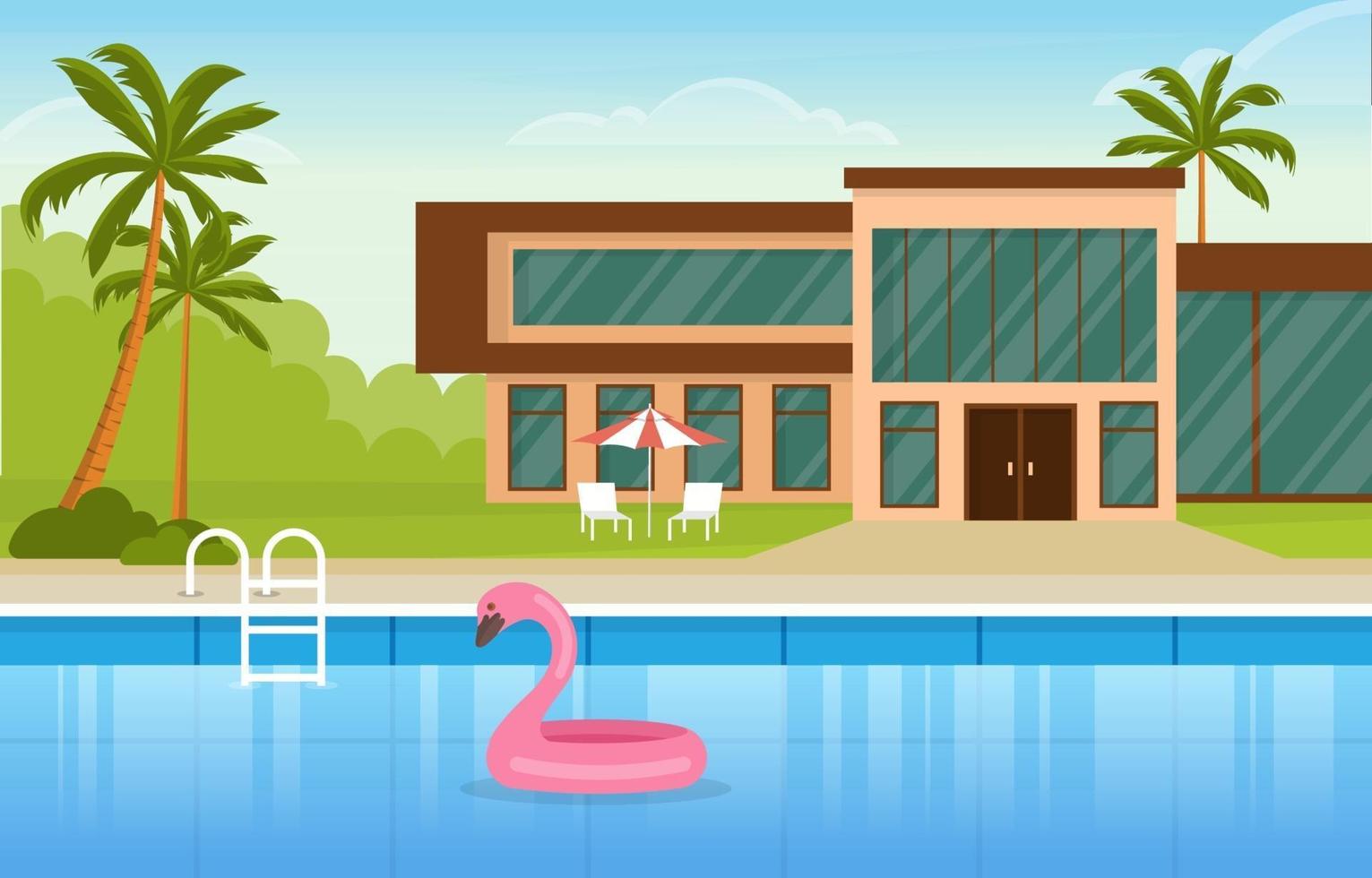 Modern House Villa Exterior with Swimming Pool at Backyard Illustration vector