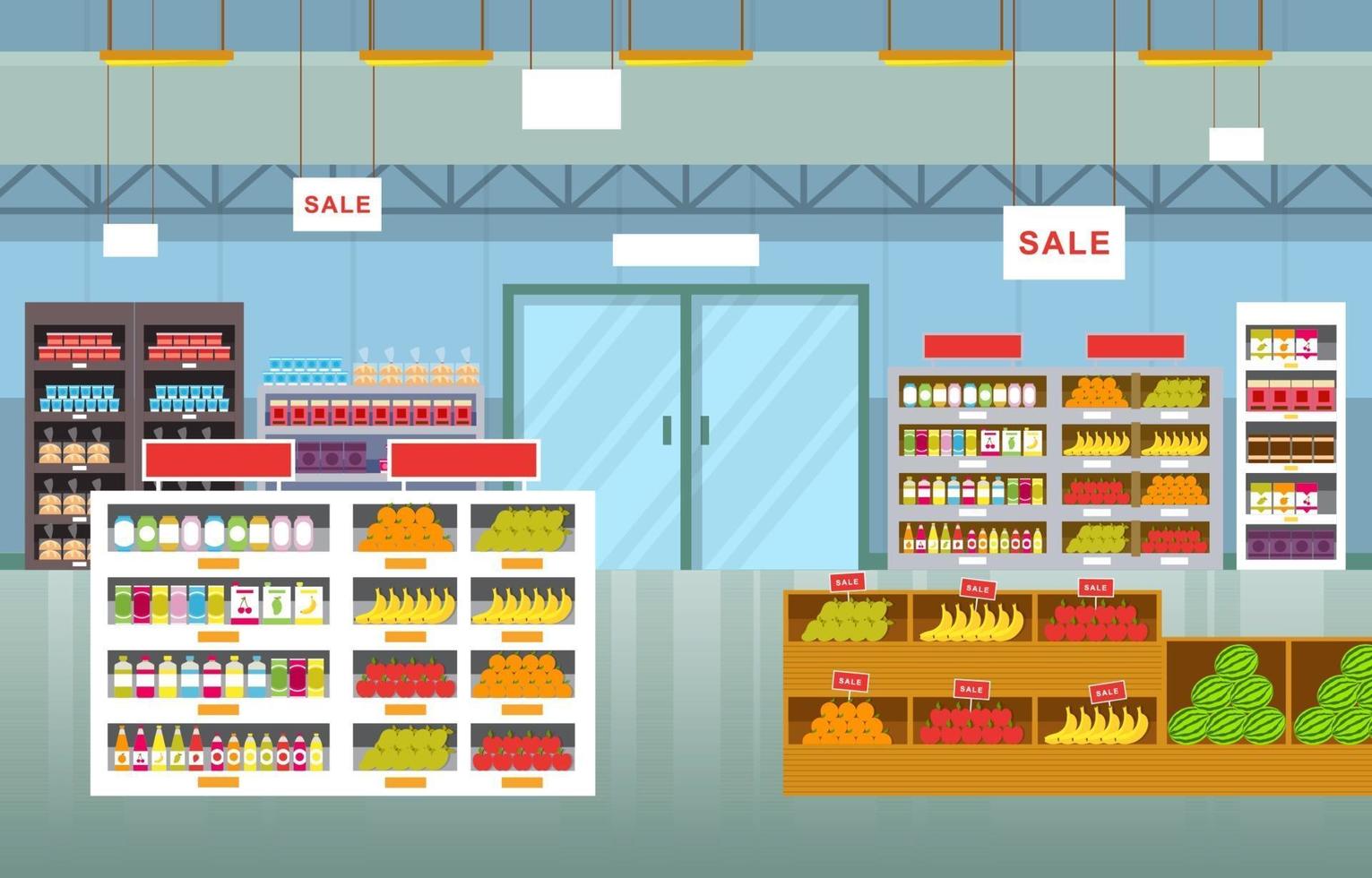 Supermarket Grocery Store Interior Flat Illustration vector