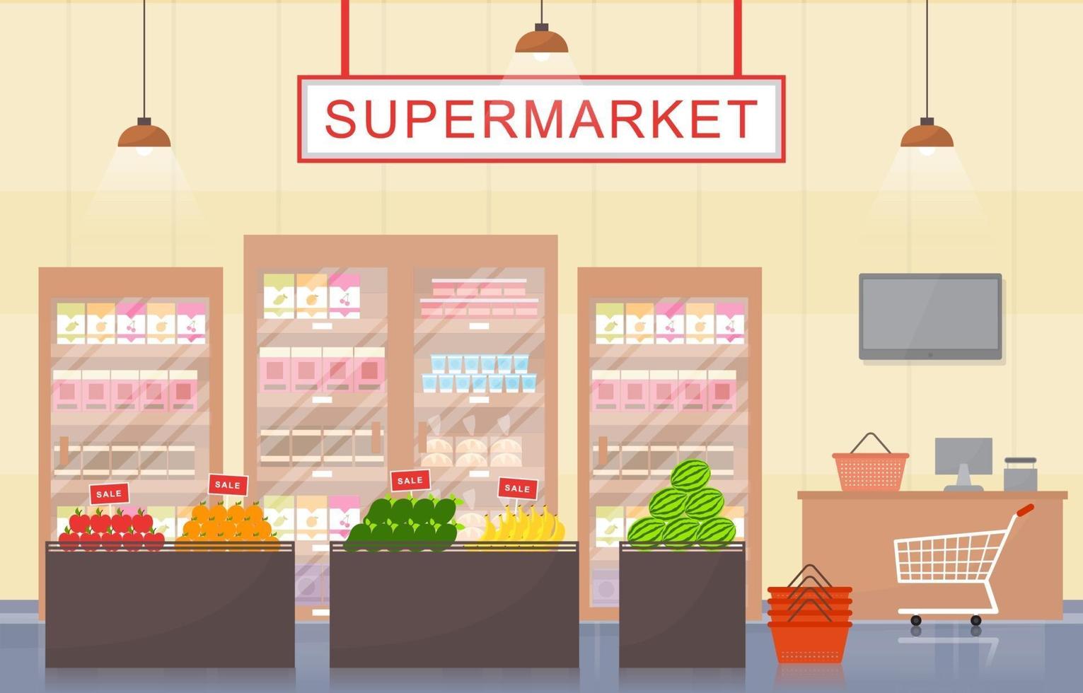 Supermarket Grocery Store Interior Flat Illustration vector