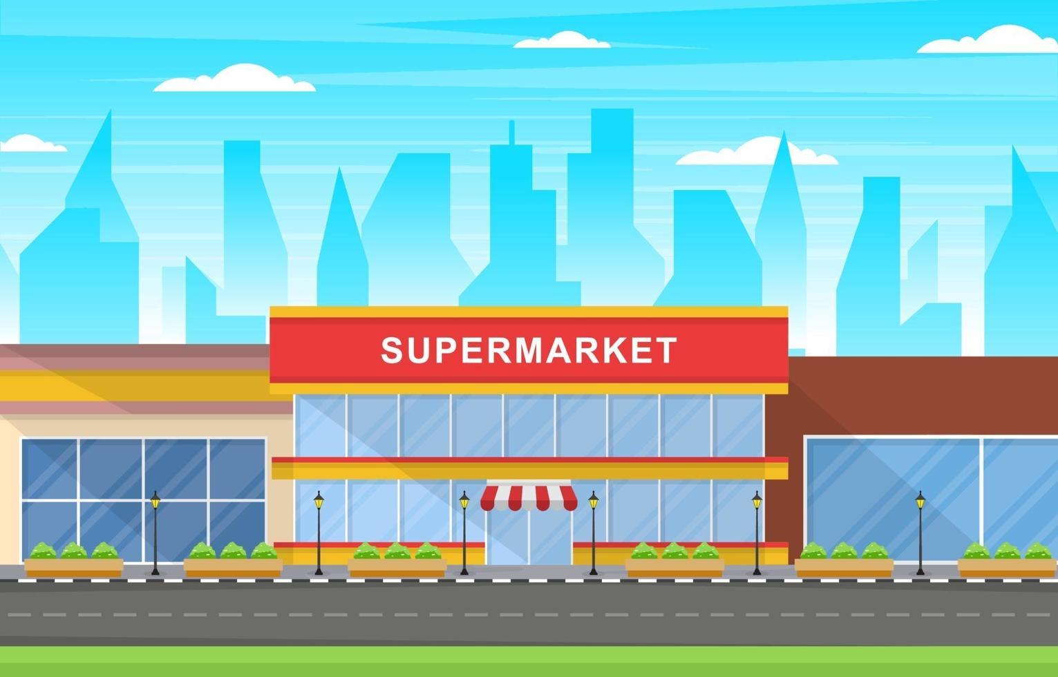 Supermarket Grocery Store in City Flat Illustration vector