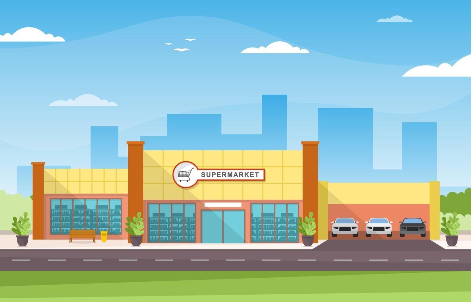 Supermarket Grocery Store in City Flat Illustration vector