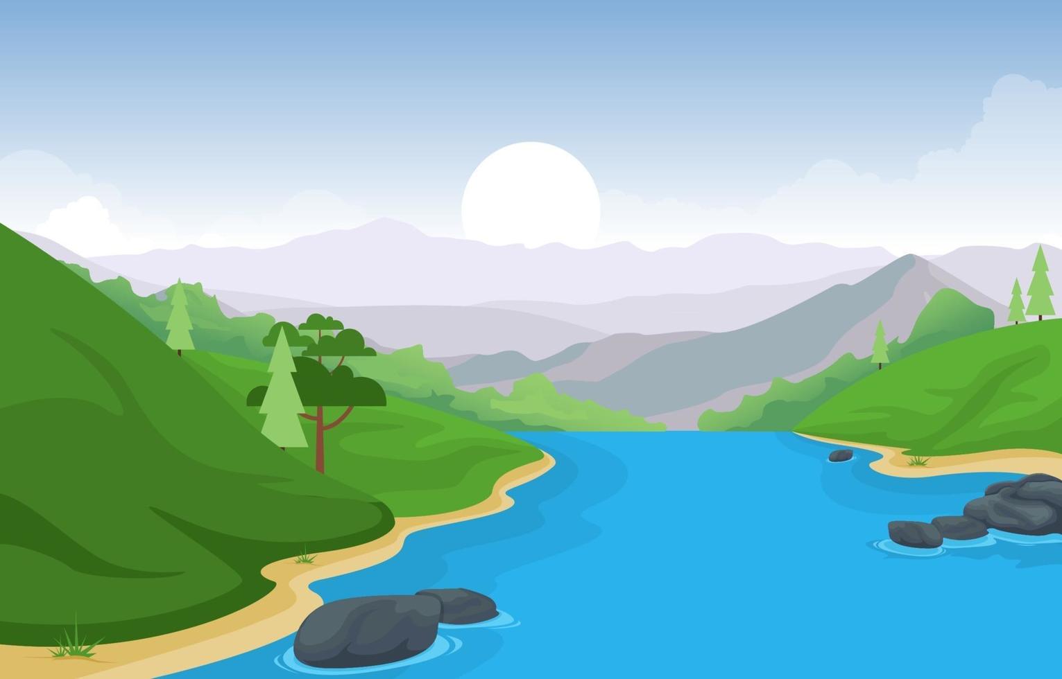 Escena de paisaje matutino con río, bosque y colinas. vector