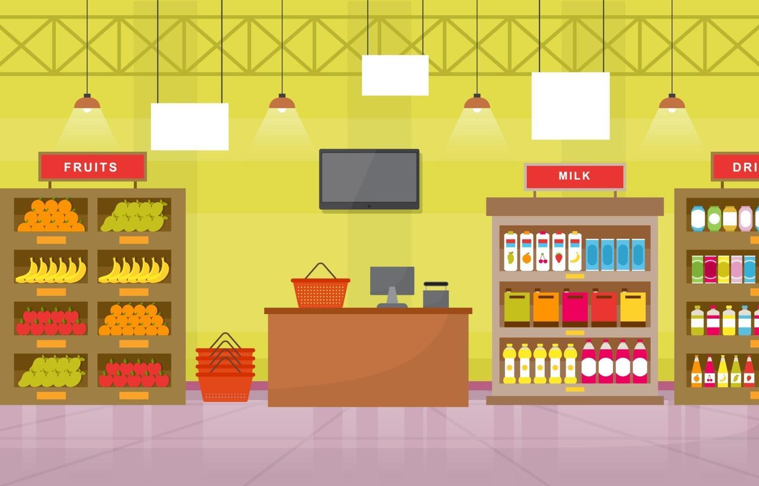 Supermarket Grocery Store Interior Flat Illustration vector