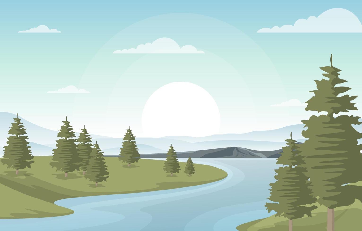 paisaje natural con río sinuoso, montañas y bosque. vector