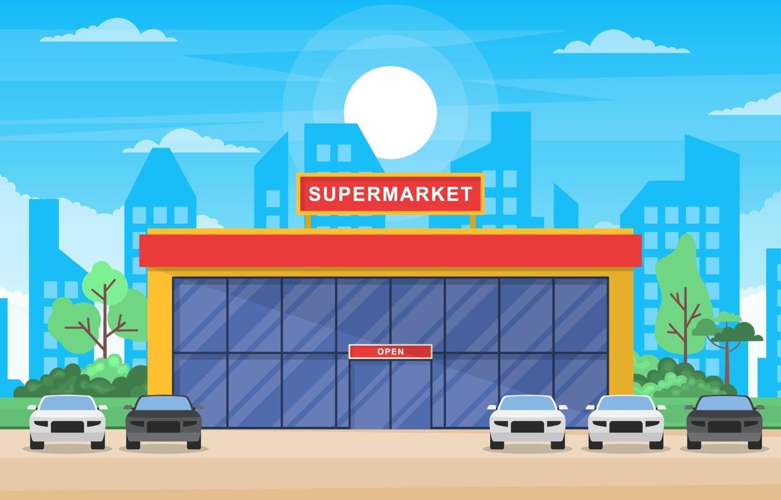 Supermarket Grocery Store in City Flat Illustration vector