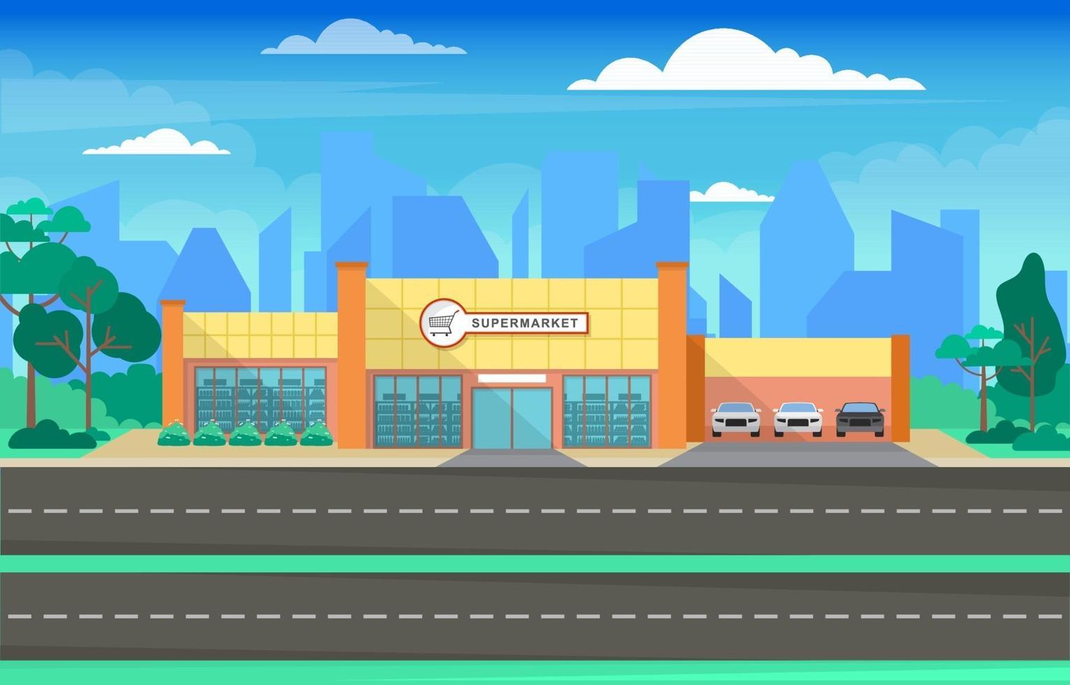 Supermarket Grocery Store in City Flat Illustration vector