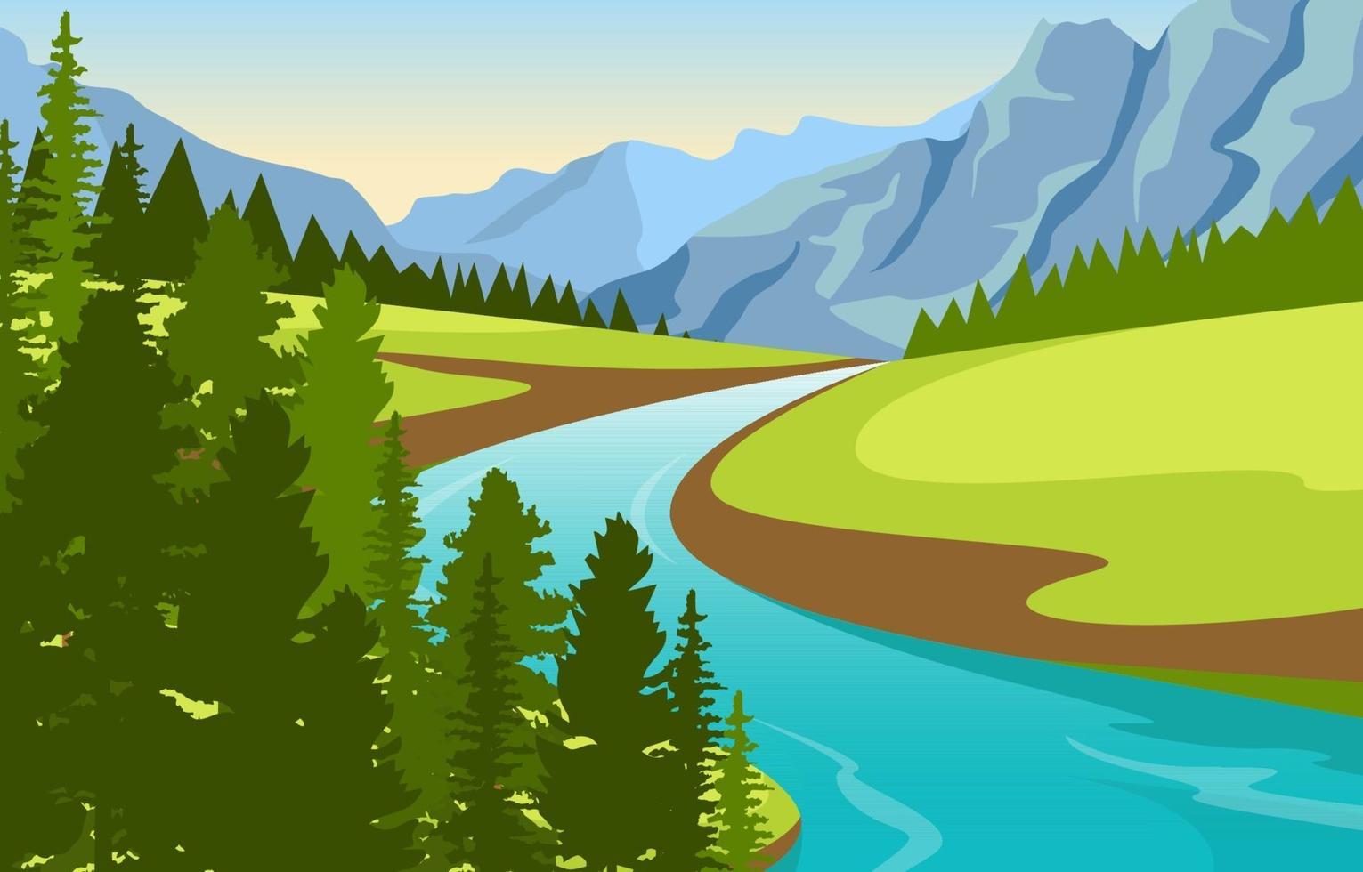 paisaje natural con río sinuoso, montañas y bosque. vector