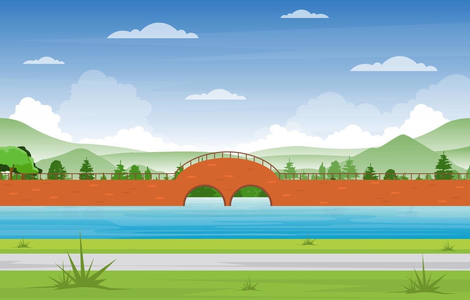 Bridge with Park, Trees, and River Illustration vector