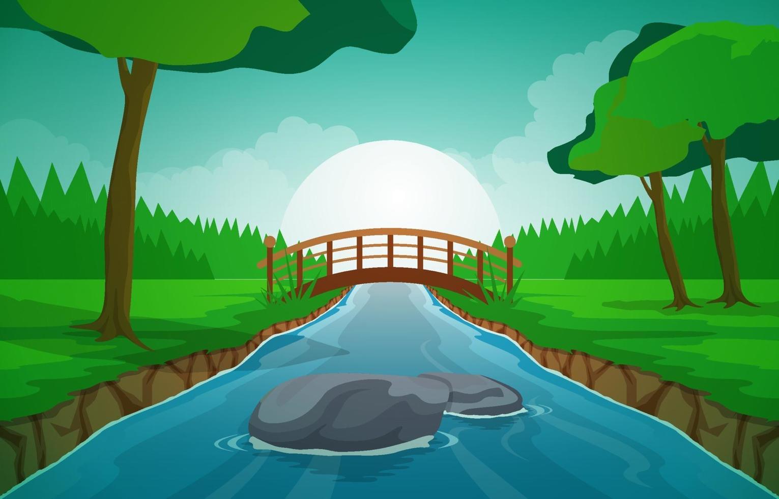 Morning Landscape Scene with River, Forest, and Trees vector