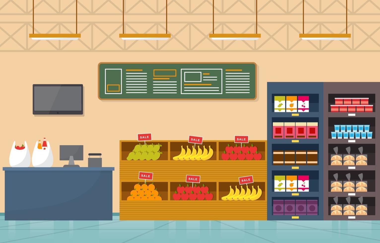 supermercado tienda de comestibles interior ilustración plana vector