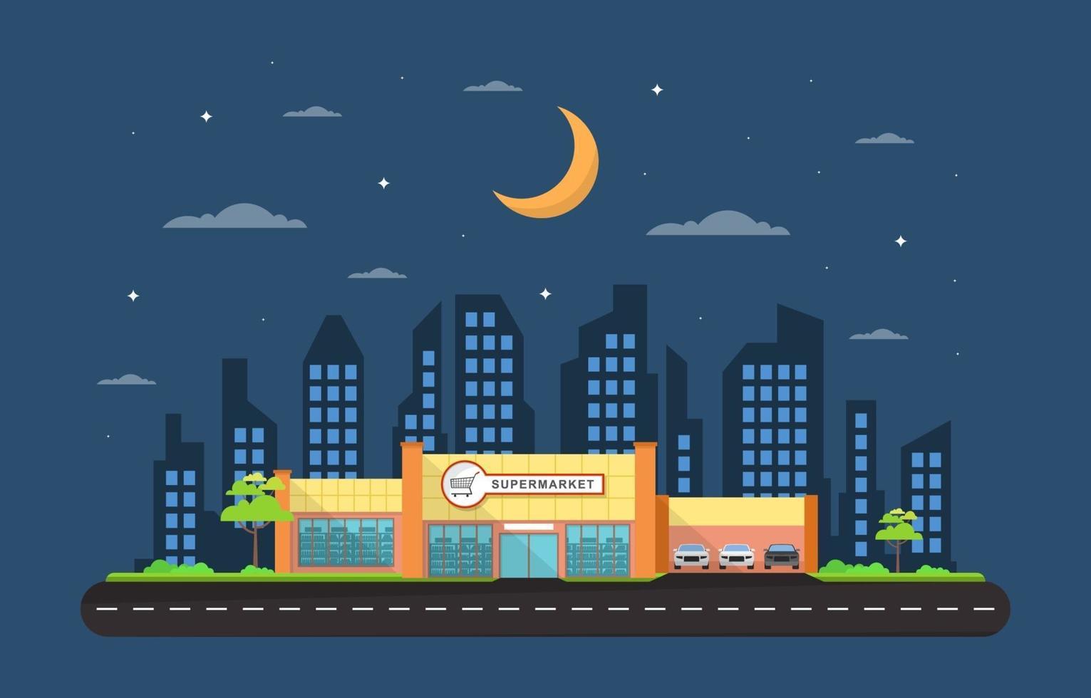 Supermarket Grocery Store in City Flat Illustration vector