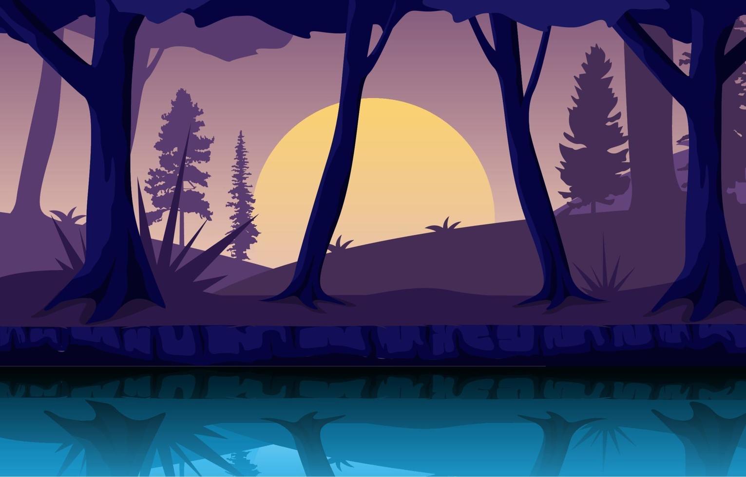 escena nocturna con río que fluye y bosque ilustración vector