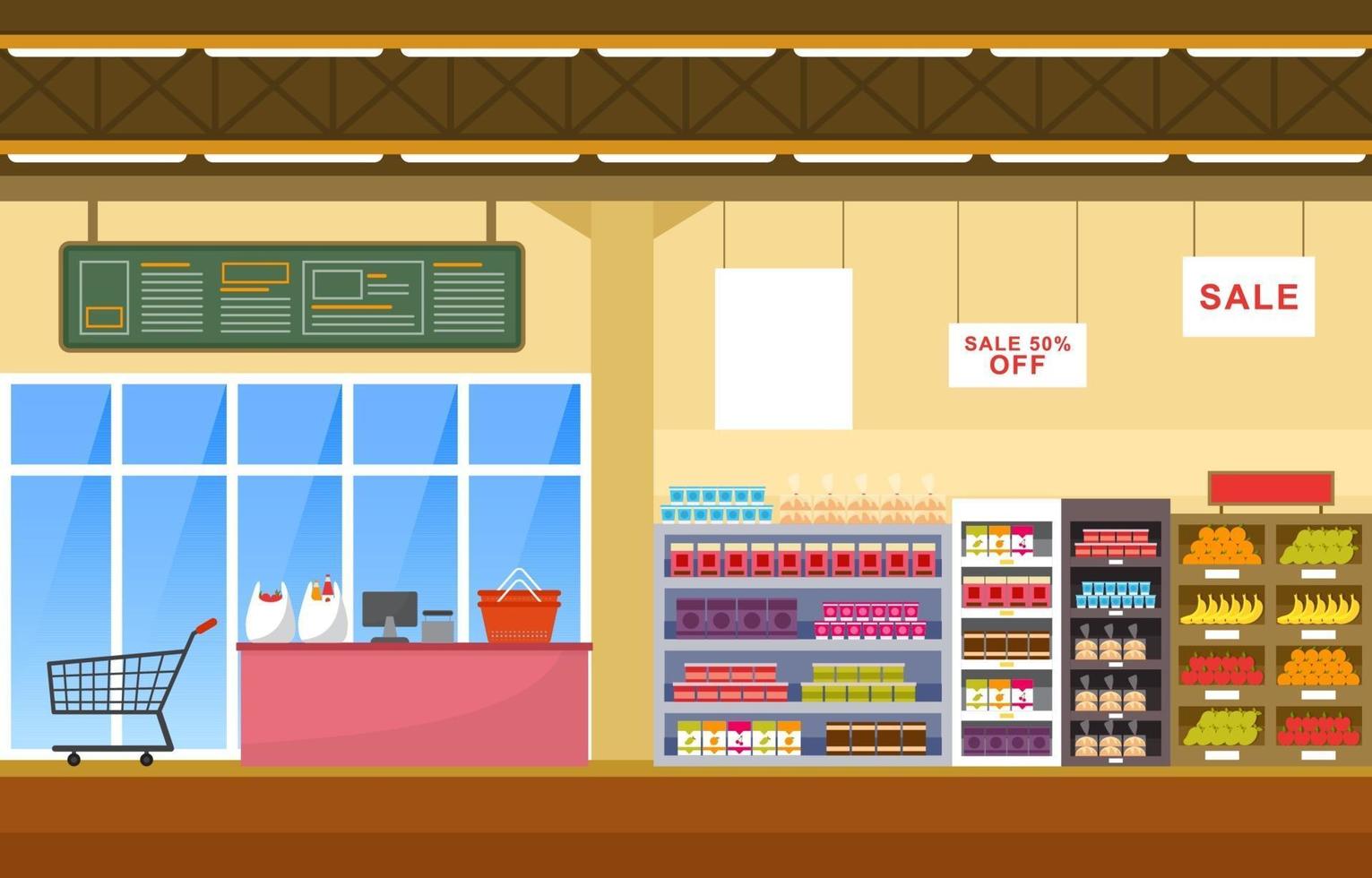 Supermarket Grocery Store Interior Flat Illustration vector