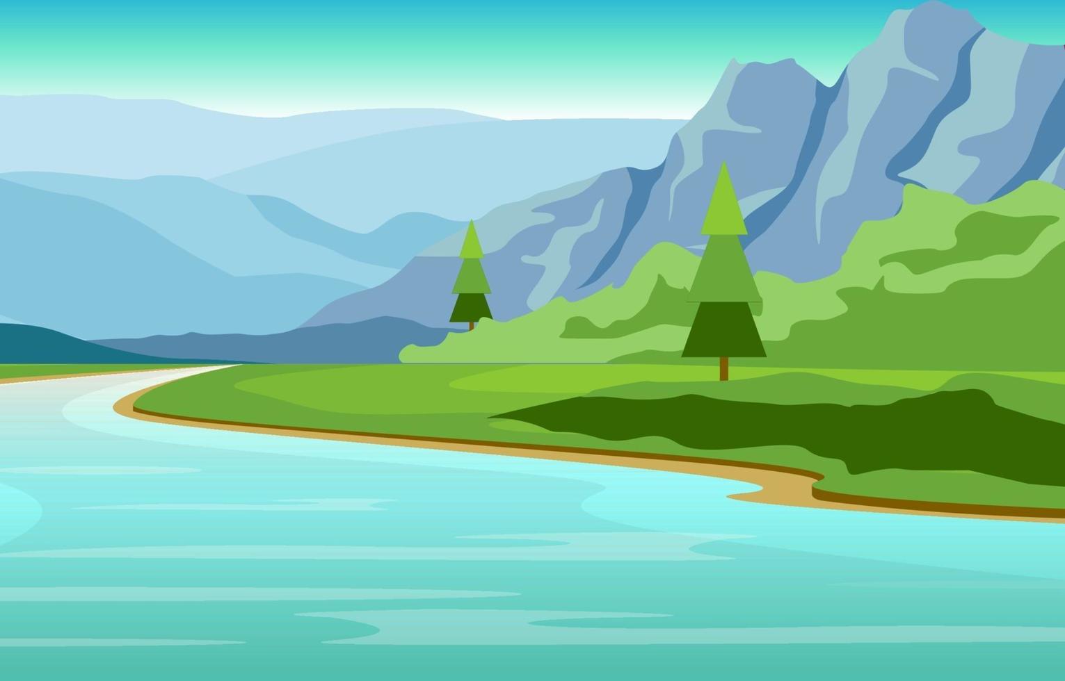 paisaje natural con río sinuoso, montañas y bosque. vector