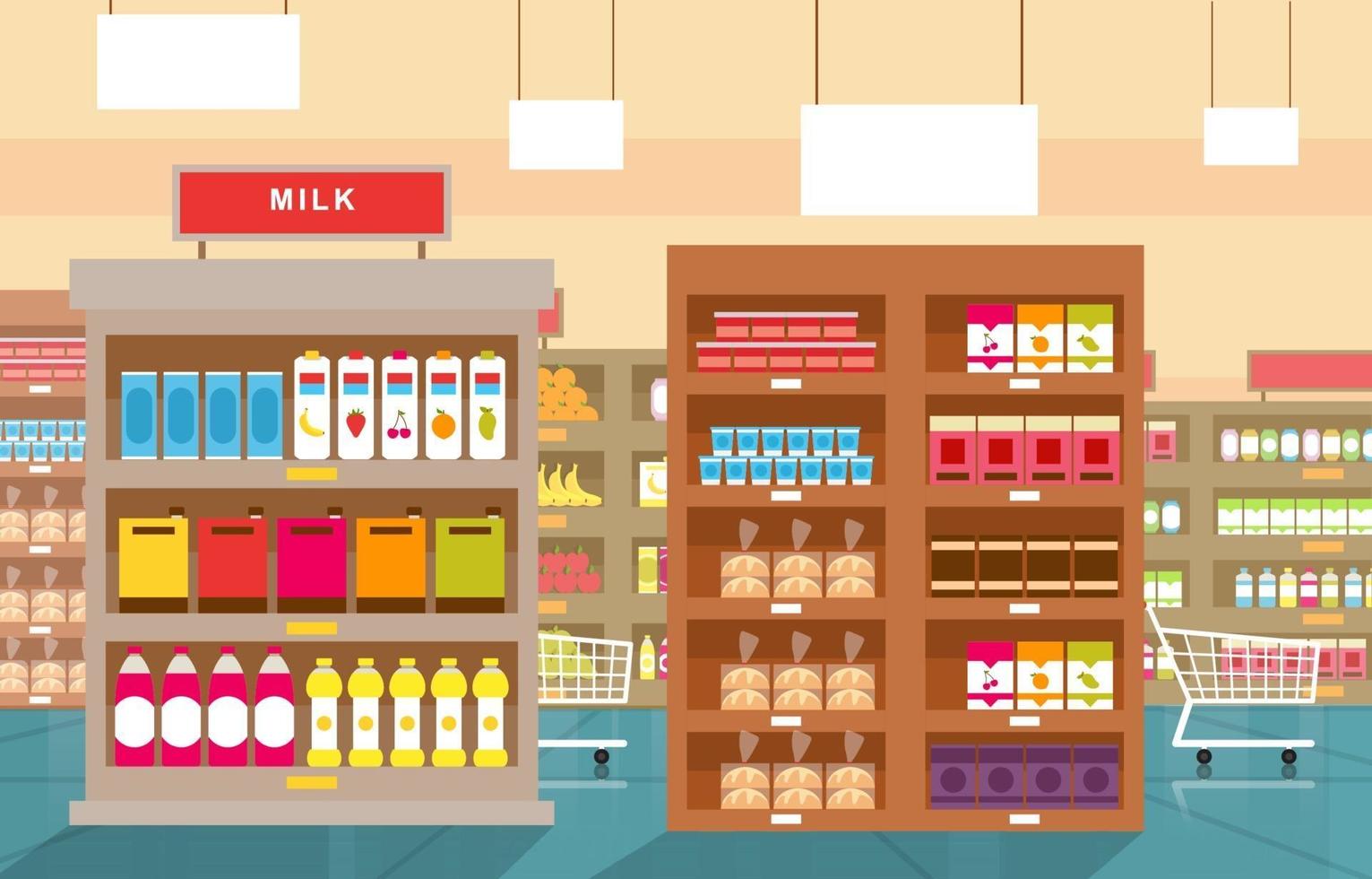 supermercado tienda de comestibles interior ilustración plana vector