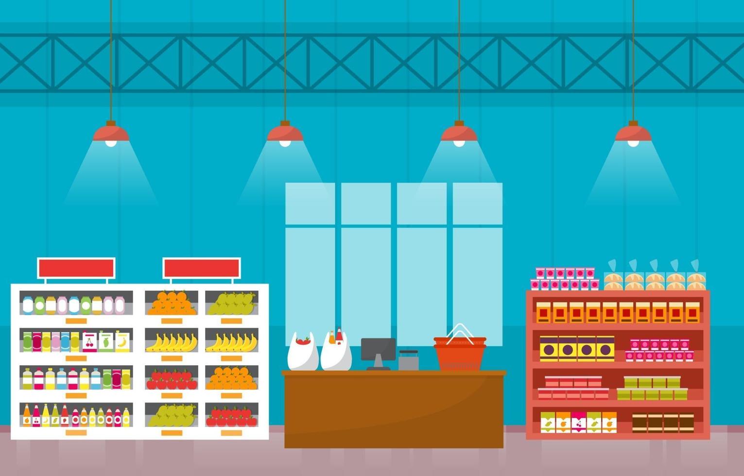 Supermarket Grocery Store Interior Flat Illustration vector