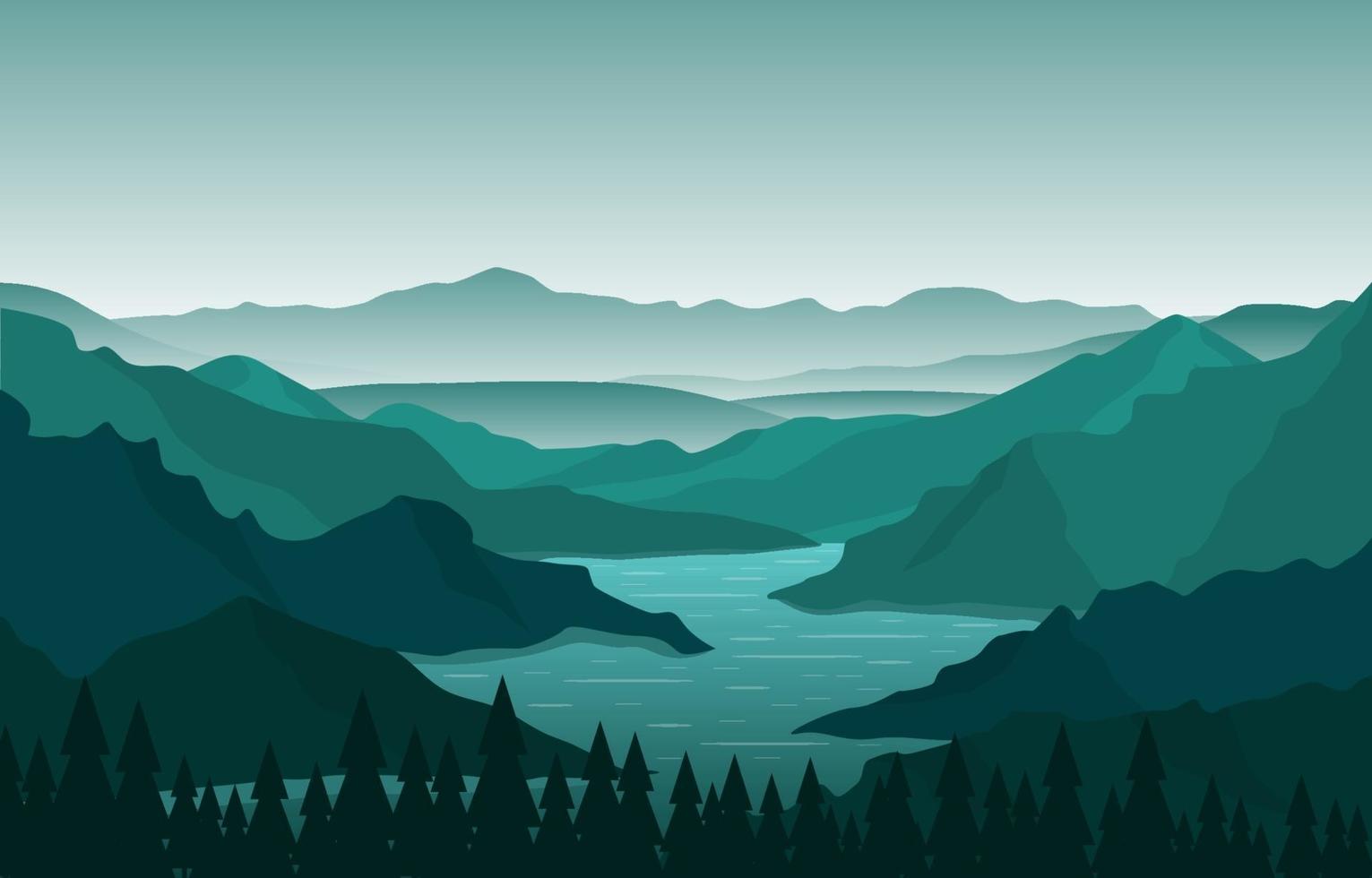 paisaje natural con río sinuoso, montañas y bosque. vector