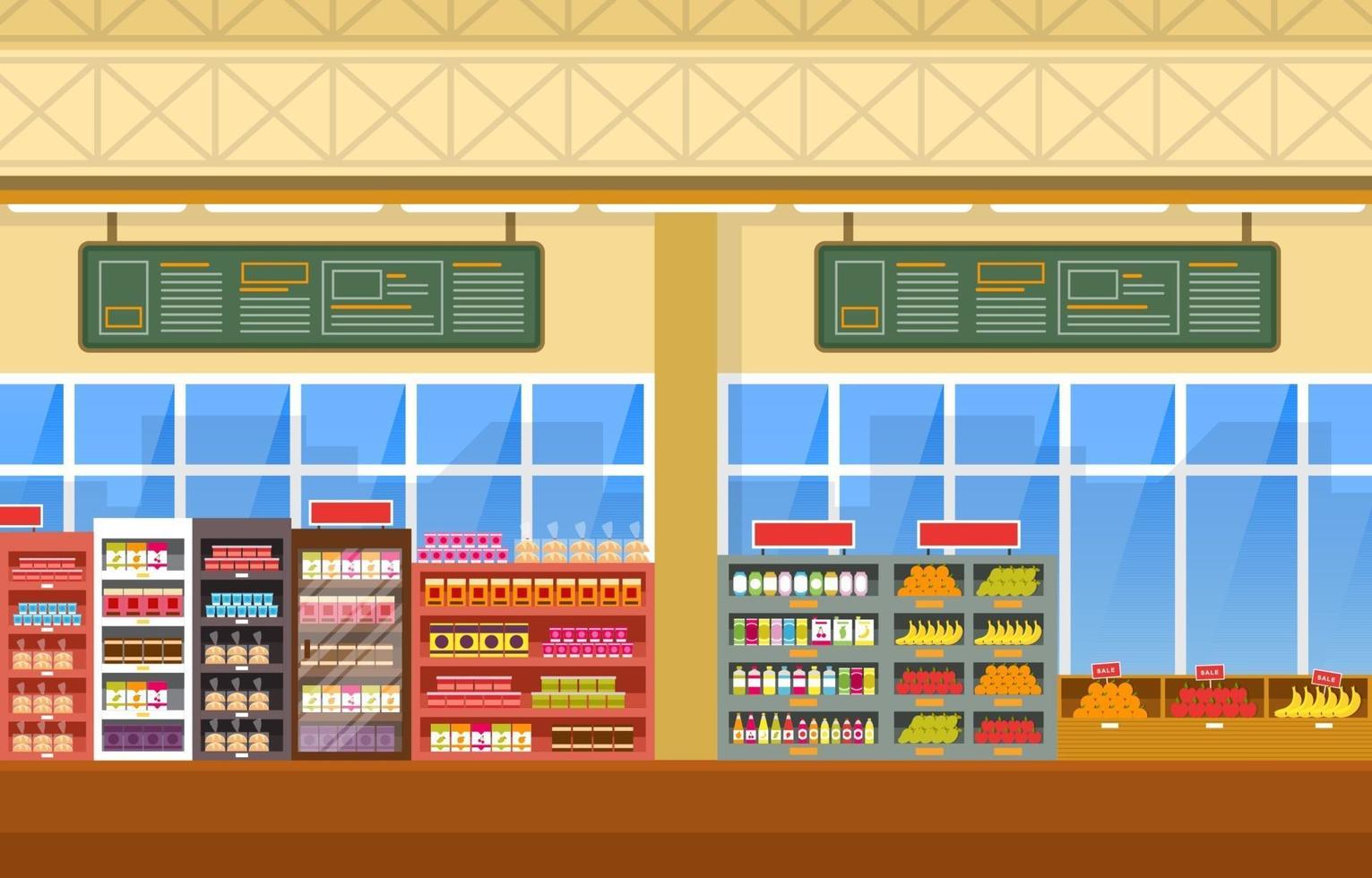 supermercado tienda de comestibles interior ilustración plana vector