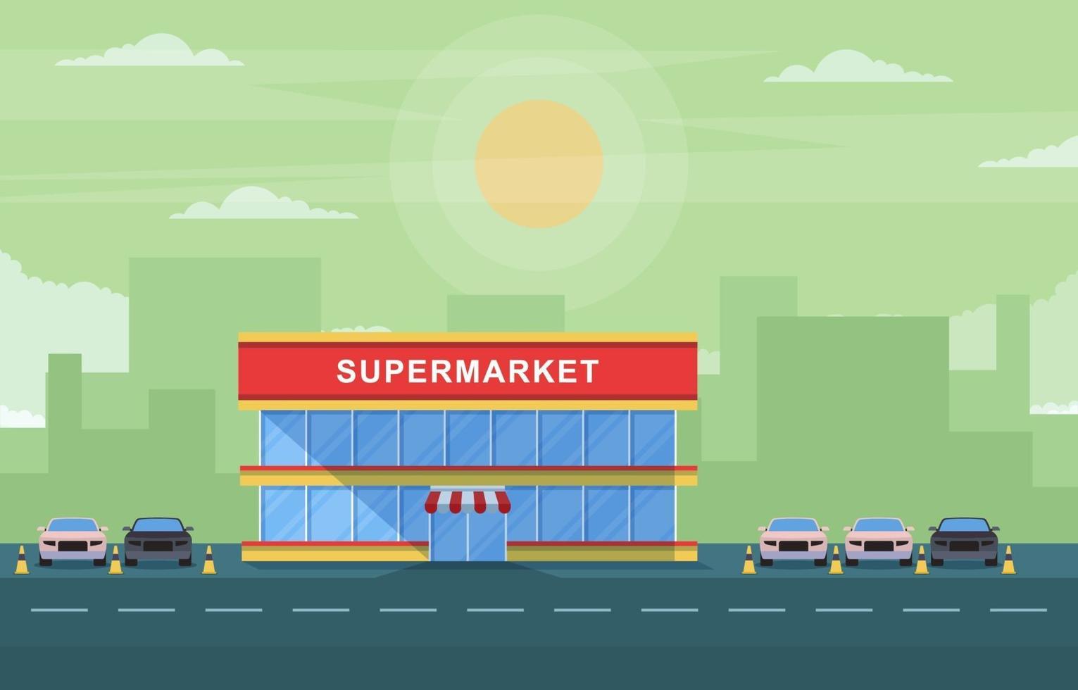 Supermarket Grocery Store in City Flat Illustration vector