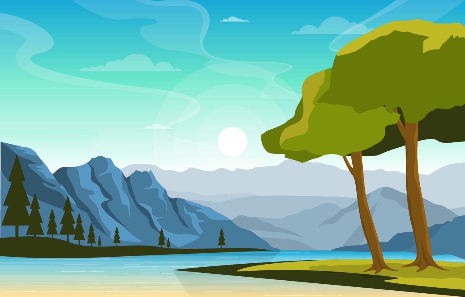 Escena de paisaje matutino con río, bosque y colinas. vector