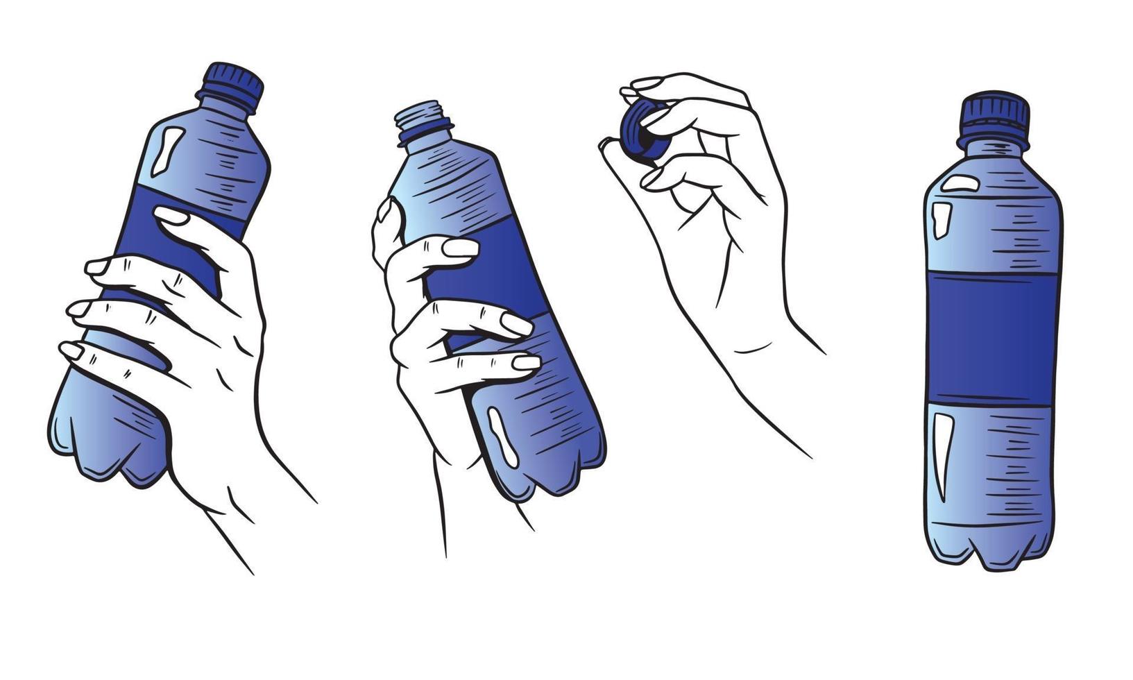 Water in a plastic bottle with hands set vector