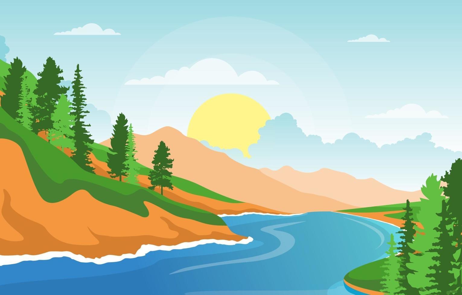 Escena de paisaje matutino con río, bosque y colinas. vector