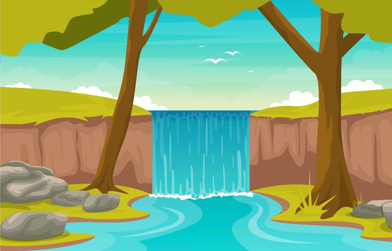 Escena del bosque con hermosa cascada y río. vector