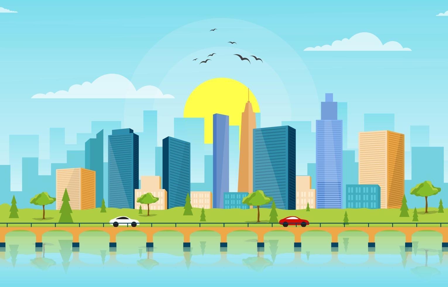 City Skyline with Park, Trees, and River Illustration vector