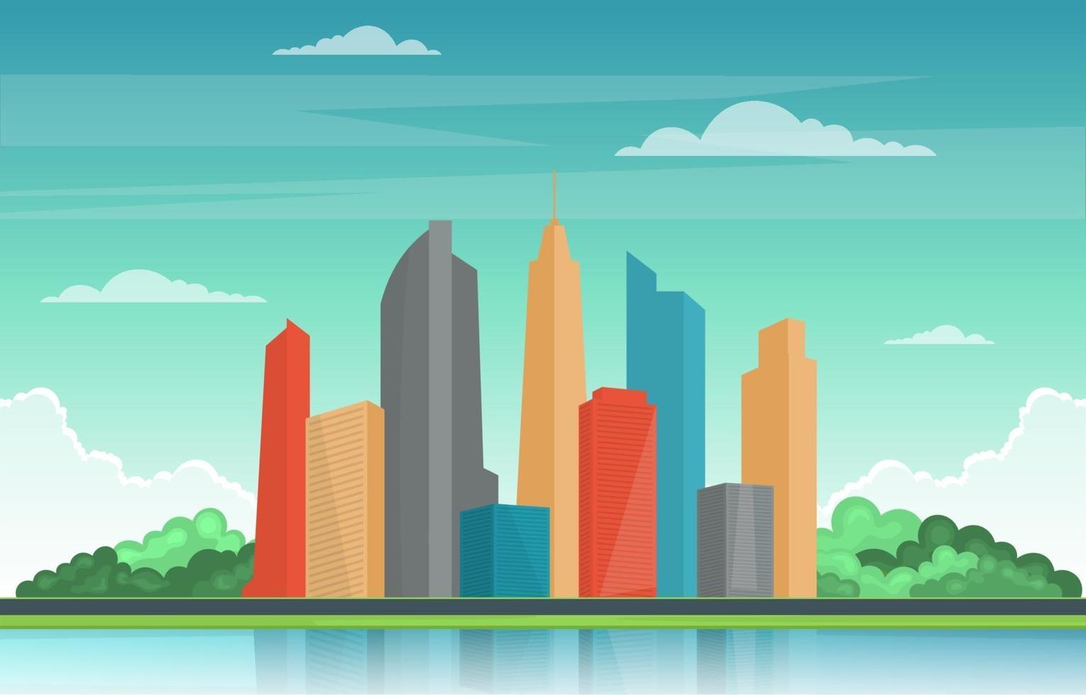 City Skyline with Park, Trees, and River Illustration vector