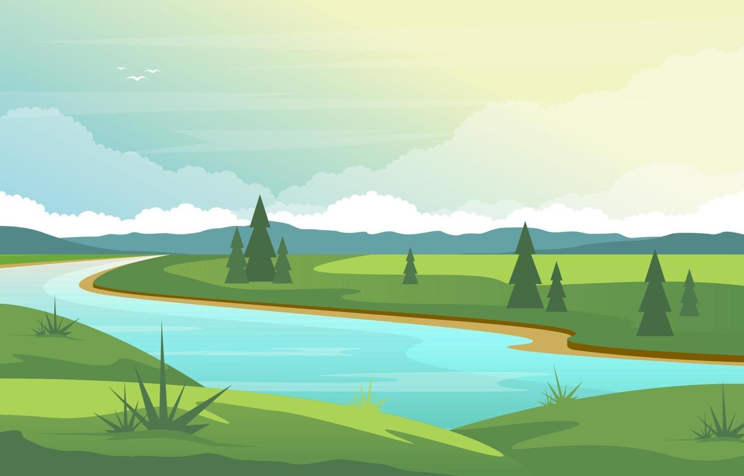 paisaje natural con río sinuoso, montañas y bosque. vector