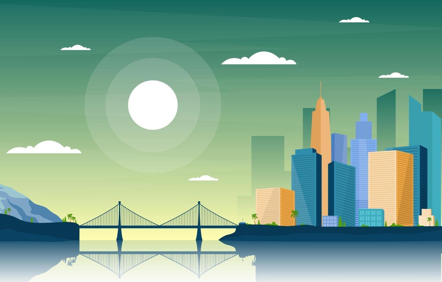 City Skyline Scene with River, Sun, and Bridge vector