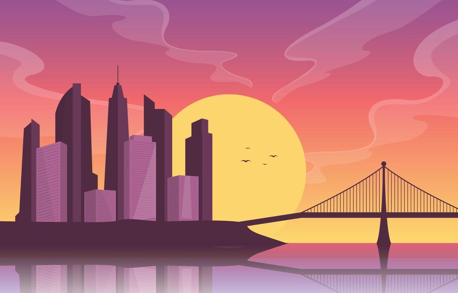 City Skyline with River, Sun, and Bridge vector