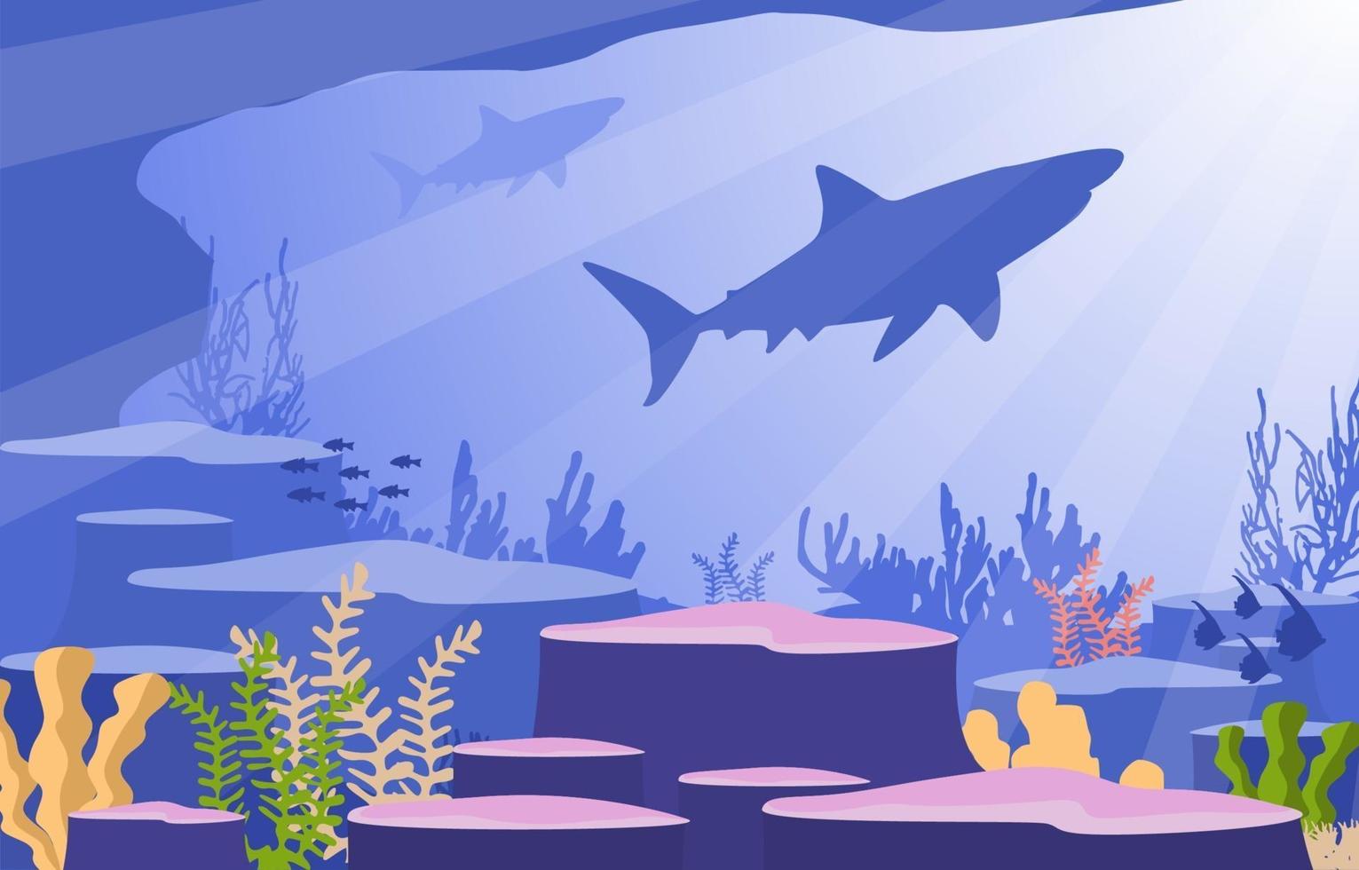 escena submarina con tiburones y arrecifes de coral ilustración vector