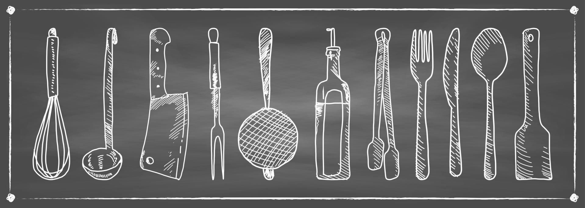 Hand drawn set of kitchen utensils on a chalkboard. vector