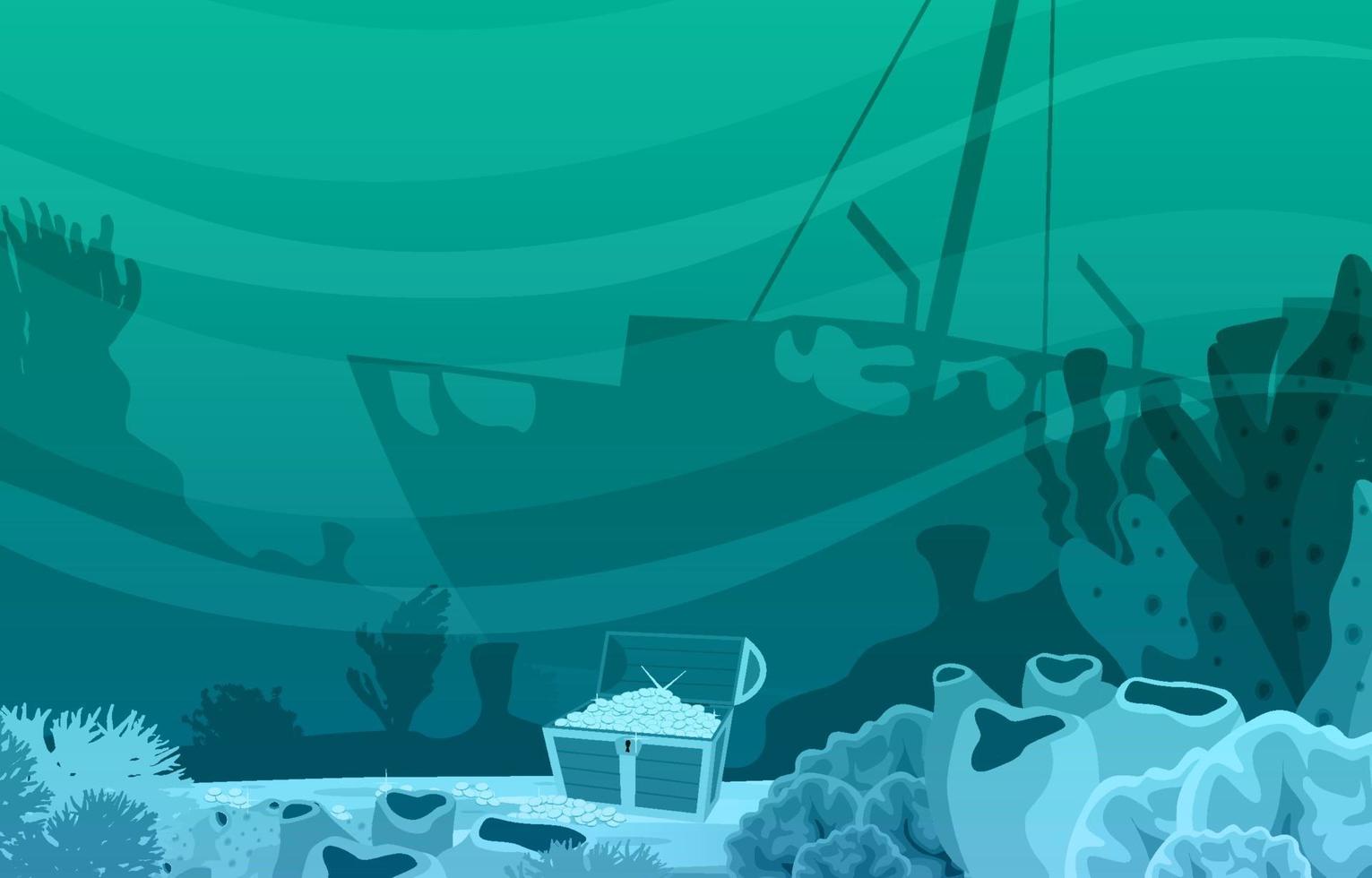 Underwater Scene with Sunken Ship, Treasure Chest and Coral Reef Illustration vector