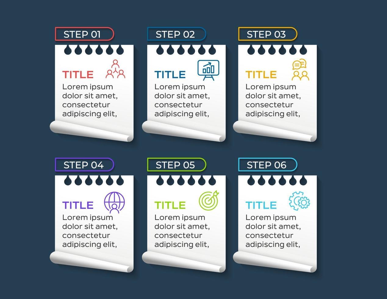 infografías de negocios. línea de tiempo con 6 pasos u opciones vector