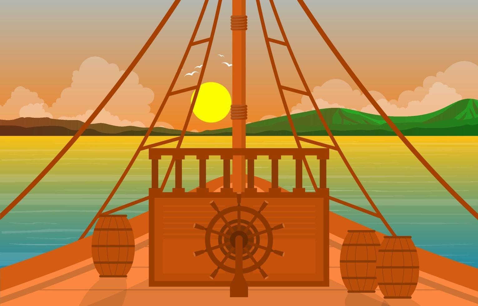 cubierta de barco capitán con rueda de navegación e ilustración de horizonte oceánico vector